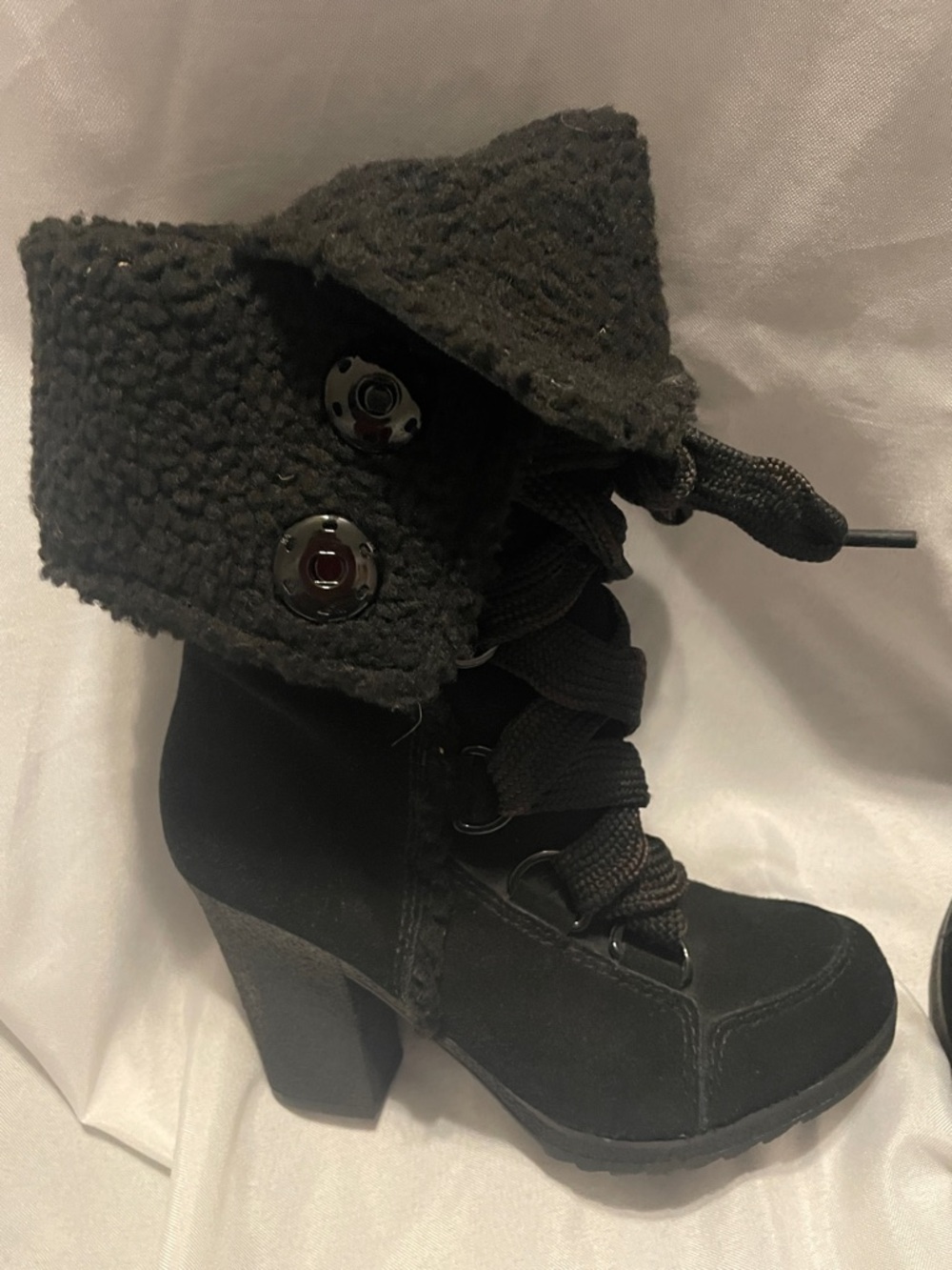 Nine West Black Lace-Up Faux Fur Mid-Calf Heeled Boots